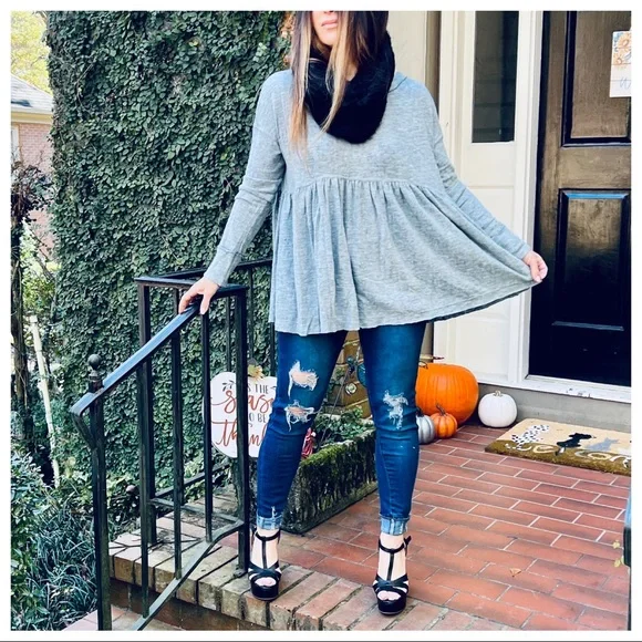 Soft Two Tone Brushed Knit Baby Doll Tunic Top - Picture 3 of 5